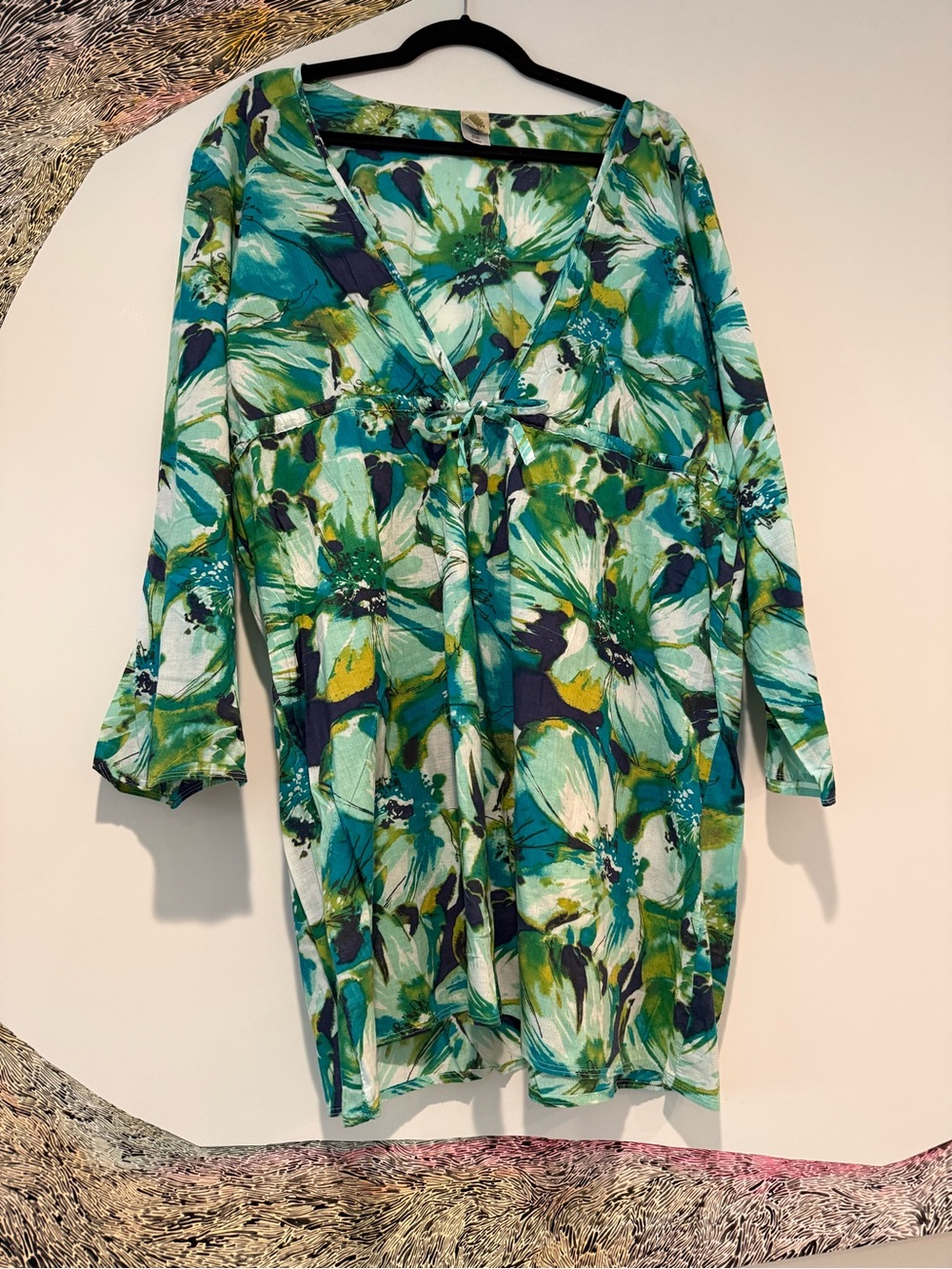 Islander Teal, Green & Navy Floral V-Neck Tunic Dress Cotton Cover-up XL